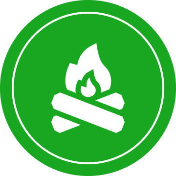 A green circular emblem with a white campfire icon, featuring two logs and a flame.