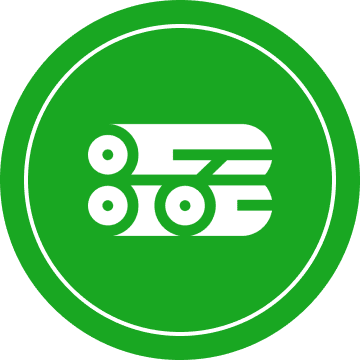 Green circle with a white icon containing abstract shapes and lines, possibly representing a stylized vehicle.