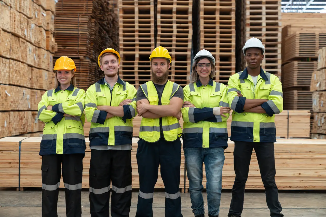 Five workers in safety gear stand in front of stacked lumber, smiling confidently.