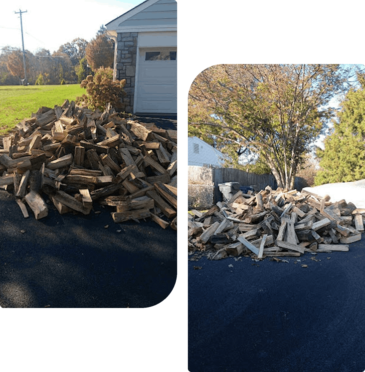 Two images showing large piles of chopped firewood on a paved driveway in front of a garage and a tree.