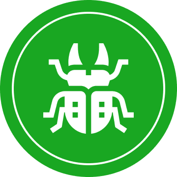White insect icon with antennae inside a green circle with a white border.