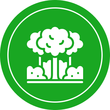 Icon of stylized trees and bushes in white on a green circular background.