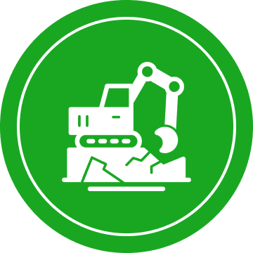 Icon of an excavator on a mound within a green circle, symbolizing construction or earthmoving.