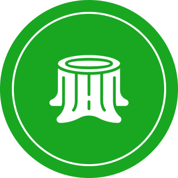 White tree stump icon inside a green circle.