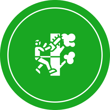 Icon of a person wearing safety gear and cutting a tree with a chainsaw, set in a green circle.