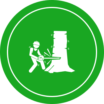 Icon of a person with a chainsaw cutting a tree, surrounded by a green circle.