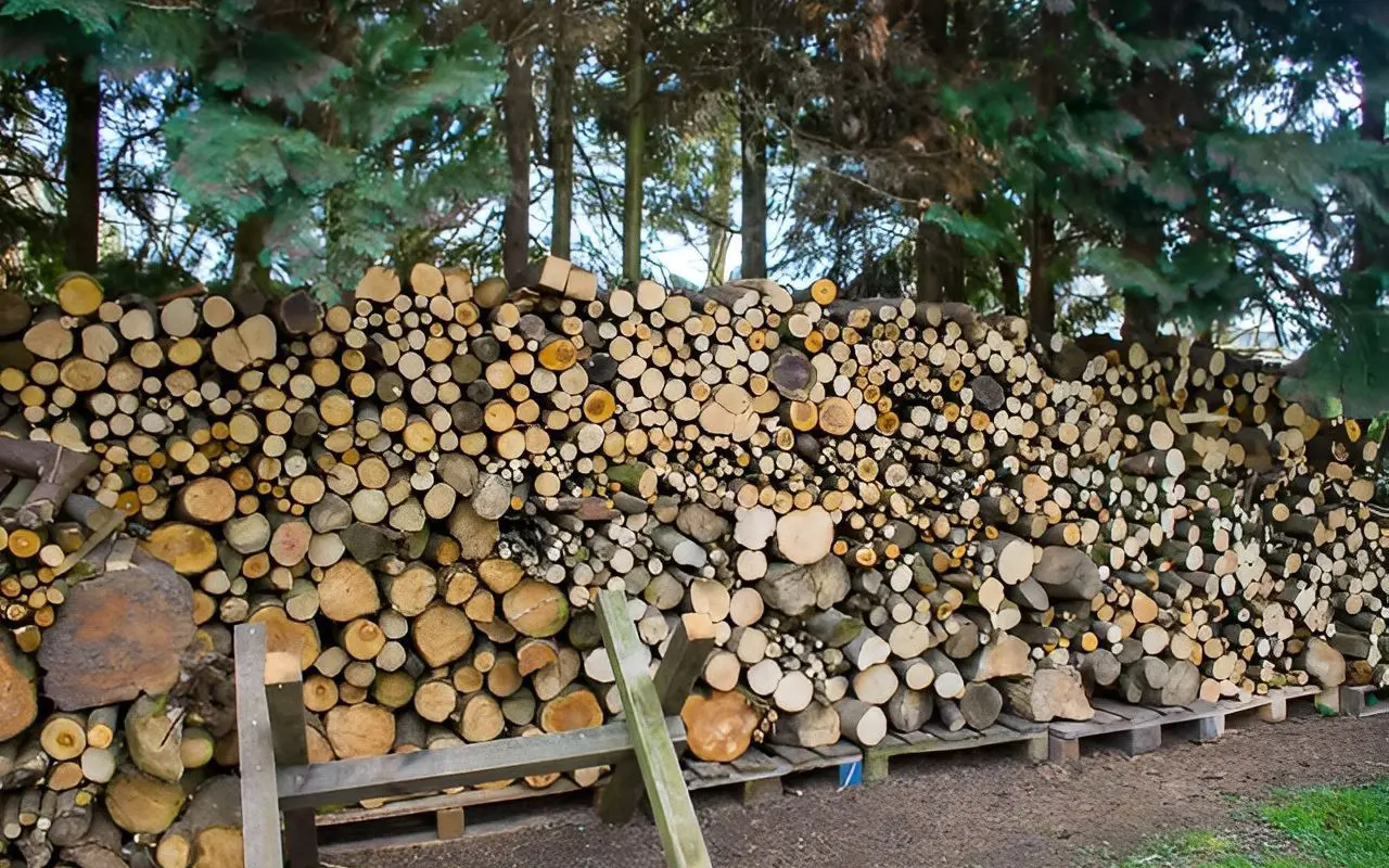 c615cd44-47d2-4b47-9273-837225bdc580 (1) (1) A pile of wood sitting in the middle of a forest.