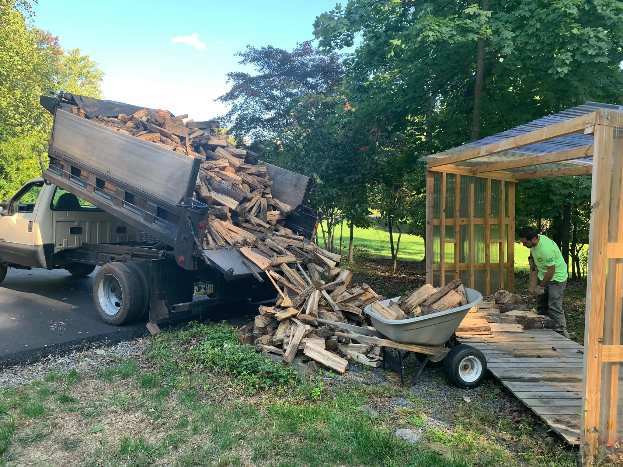 A dump truck dumping wood into the back of it.