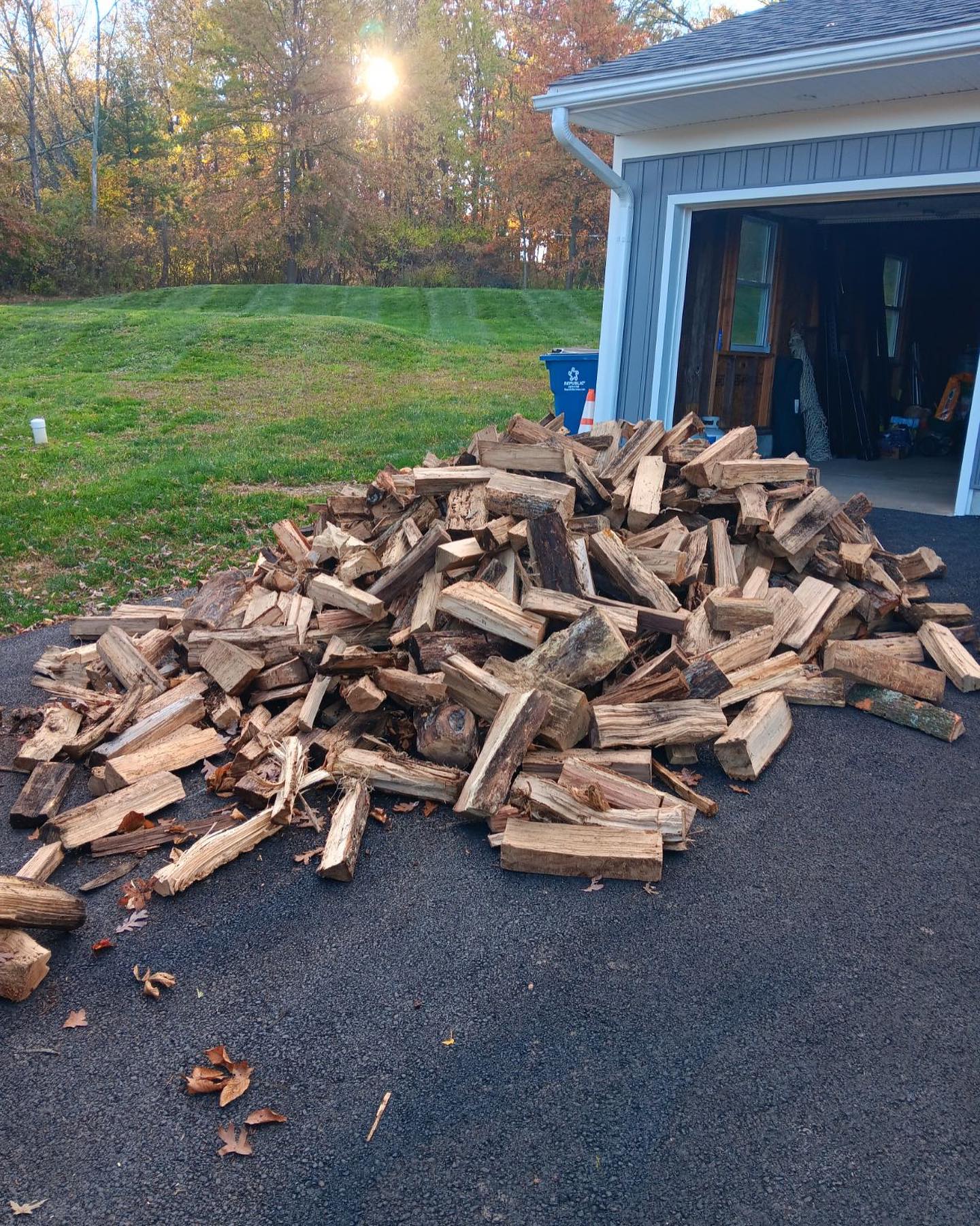 A pile of wood in front of a garage door.